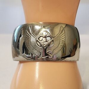 Winged Goddess Cuff Bracelet Silver Tone Egyptian Style Open Bangle Size 6